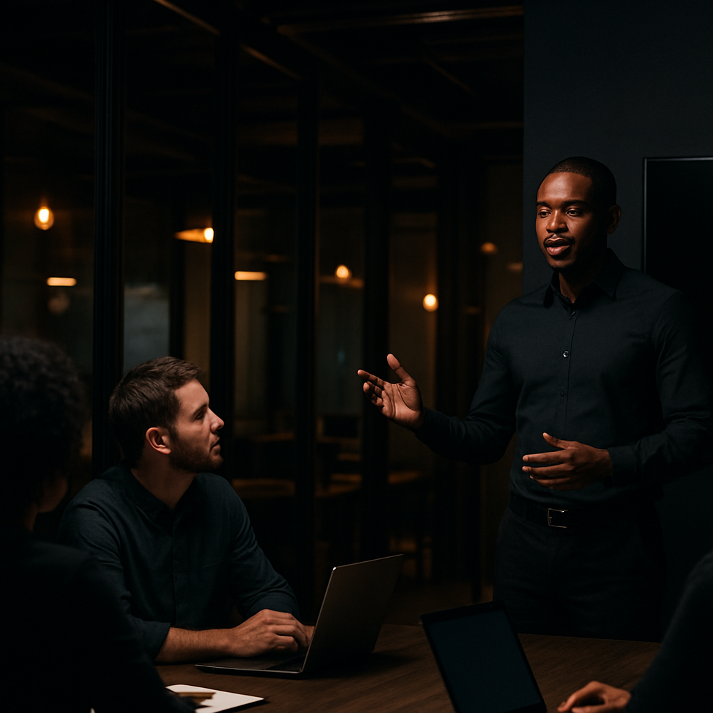 African startup founder presenting to a team in an innovation hub