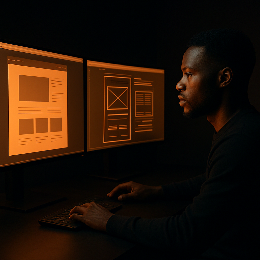 African UI/UX designer working across dual monitors